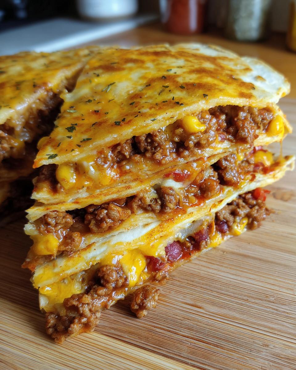 Close-up of stacked slices of Mexican pizza showing layers of seasoned ground beef, melted cheese, and corn.