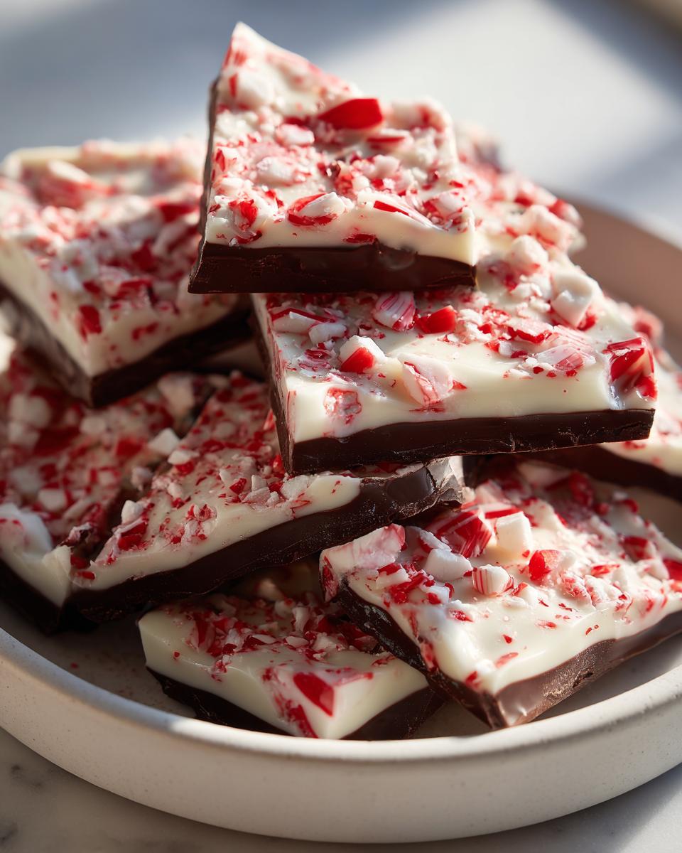 Close-up of stacked, broken pieces of dark and white chocolate peppermint bark topped with crushed candy canes.