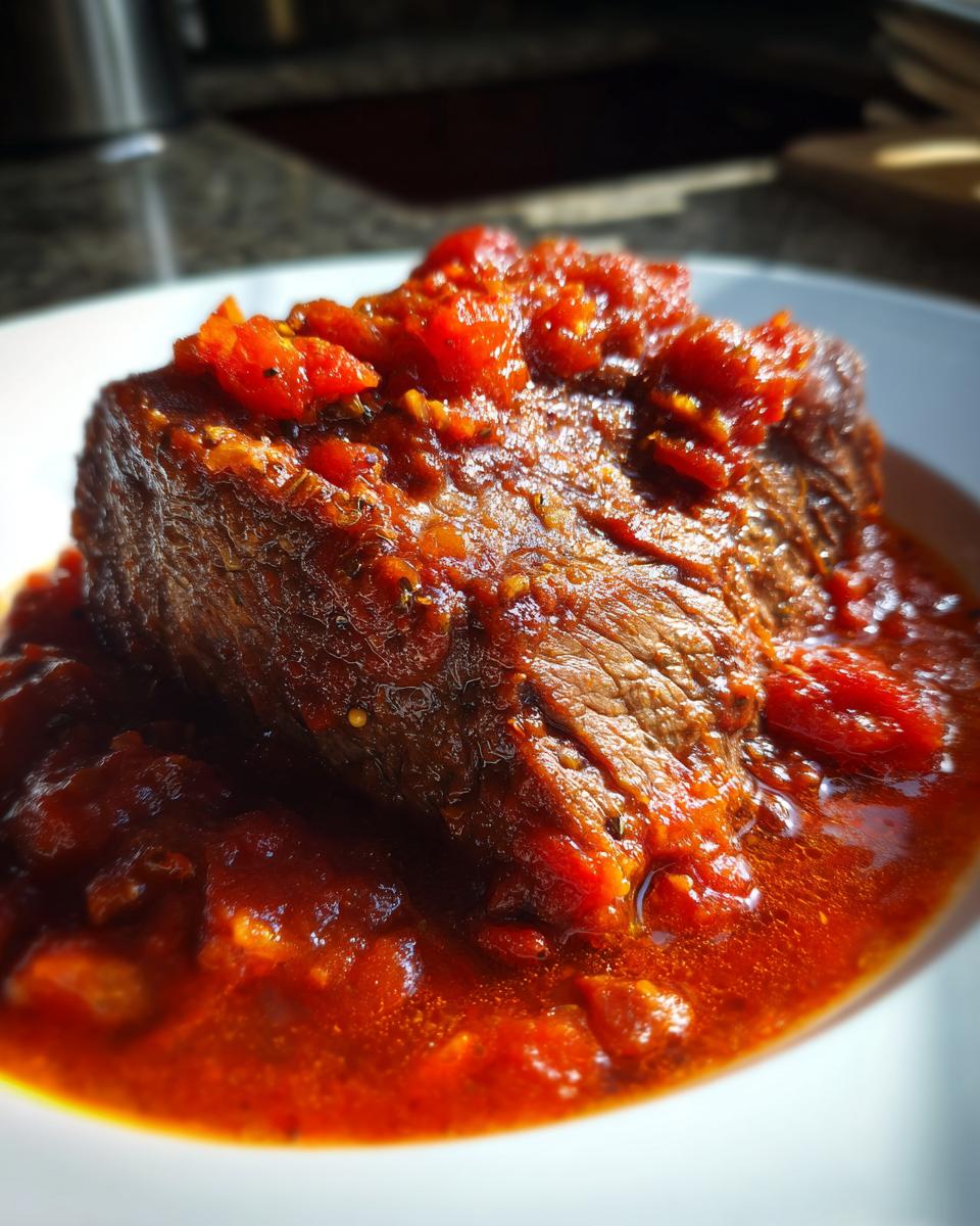 Close-up of a thick cut of steak pizzaiola, generously topped with chunky tomato sauce.