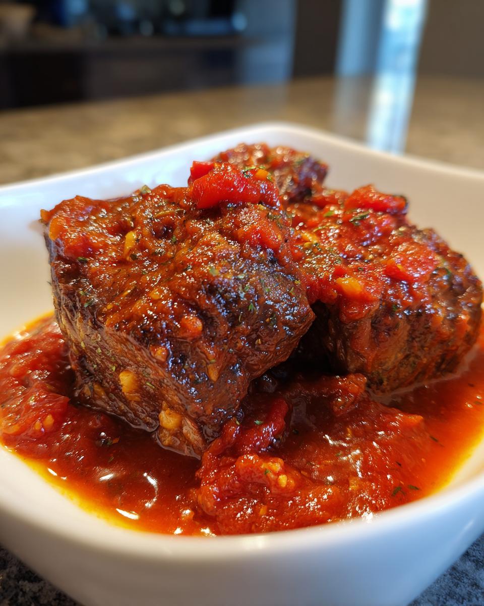 Close-up of tender pieces of steak pizzaiola smothered in a rich, chunky tomato sauce with herbs.