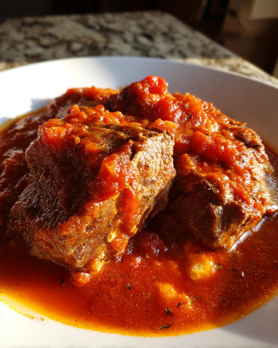 Close-up of two thick pieces of steak pizzaiola smothered in a vibrant red, chunky tomato sauce.