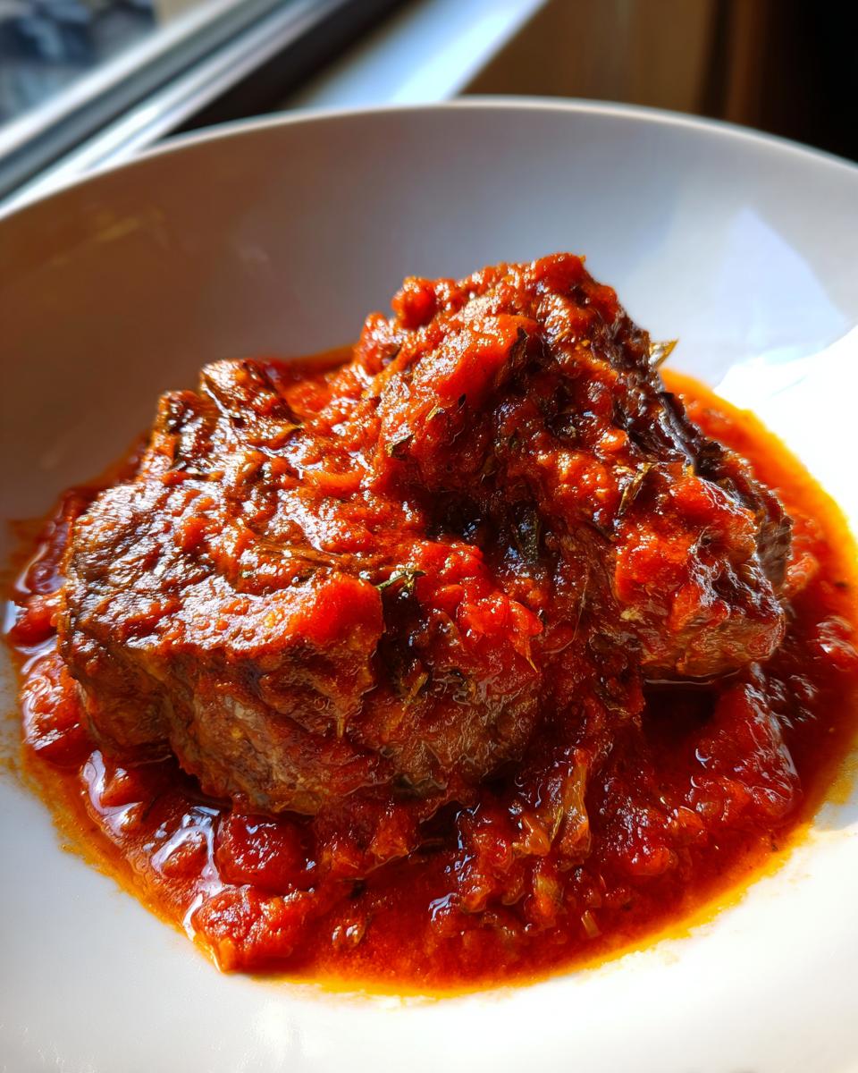 A close-up of tender steak smothered in a rich, chunky tomato sauce, characteristic of steak pizzaiola.
