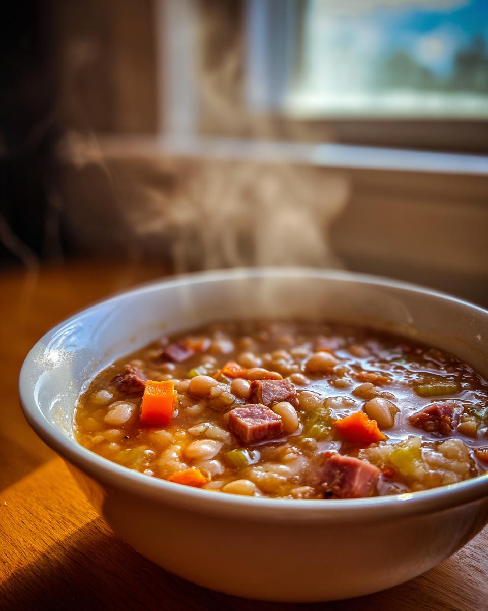 Close-up of a steaming white bowl filled with hearty bean soup featuring white beans, diced carrots, celery, and chunks of smoked meat.