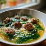 A close-up of a steaming bowl of wedding soup featuring small meatballs, acini di pepe pasta, and wilted spinach in broth.