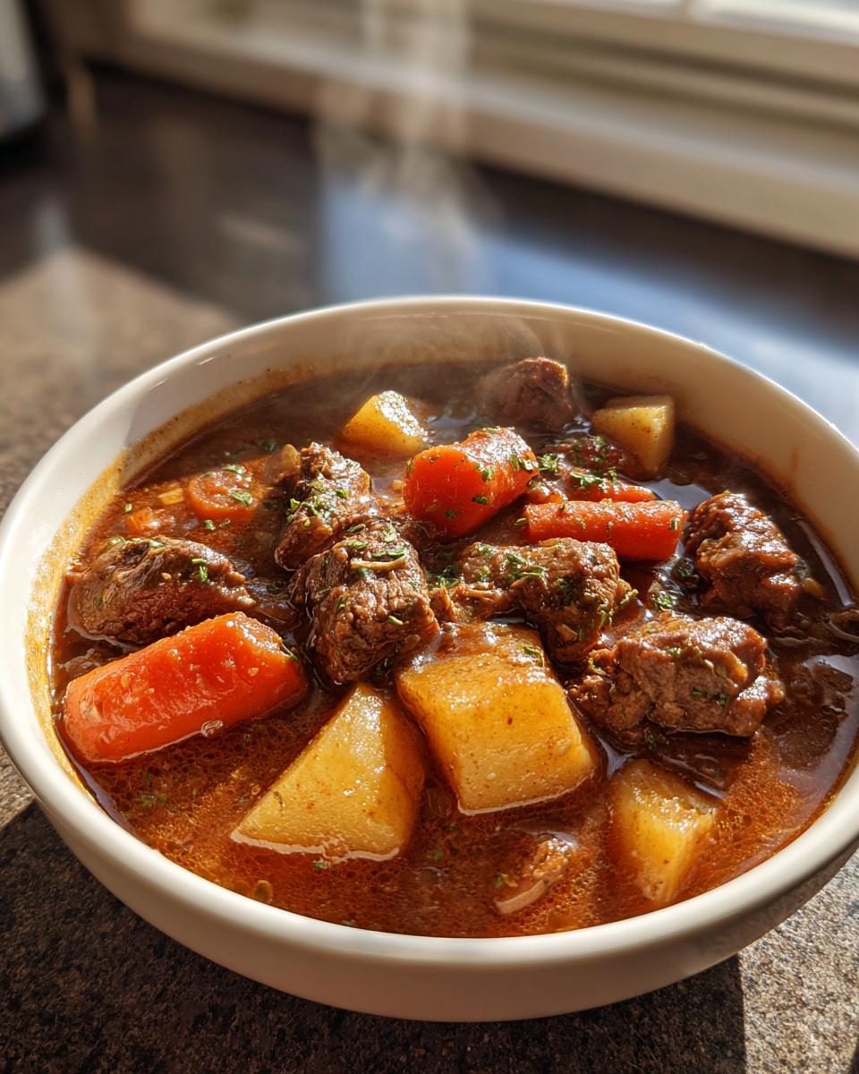 Close-up of a steaming white bowl filled with rich crockpot beef stew, featuring tender beef chunks, large carrots, and potatoes.