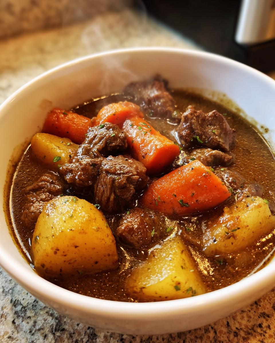 Close-up of a steaming white bowl filled with rich crockpot beef stew featuring tender beef chunks, potatoes, and carrots.