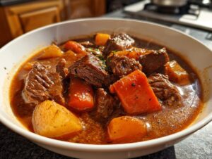 Close-up of a steaming white bowl filled with rich crockpot beef stew featuring tender beef chunks, carrots, and potatoes.