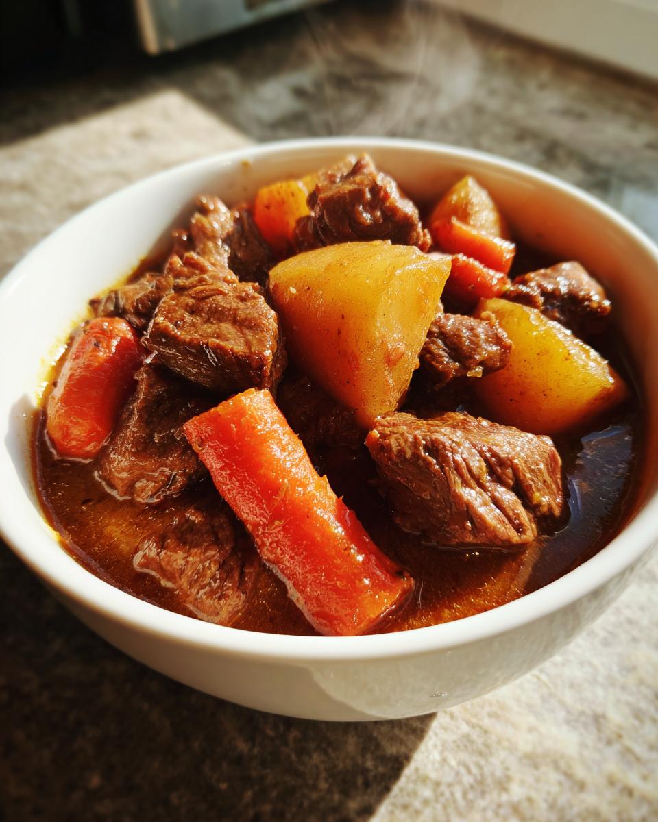 Close-up of a steaming white bowl filled with rich crockpot beef stew chunks, carrots, and potatoes in savory gravy.