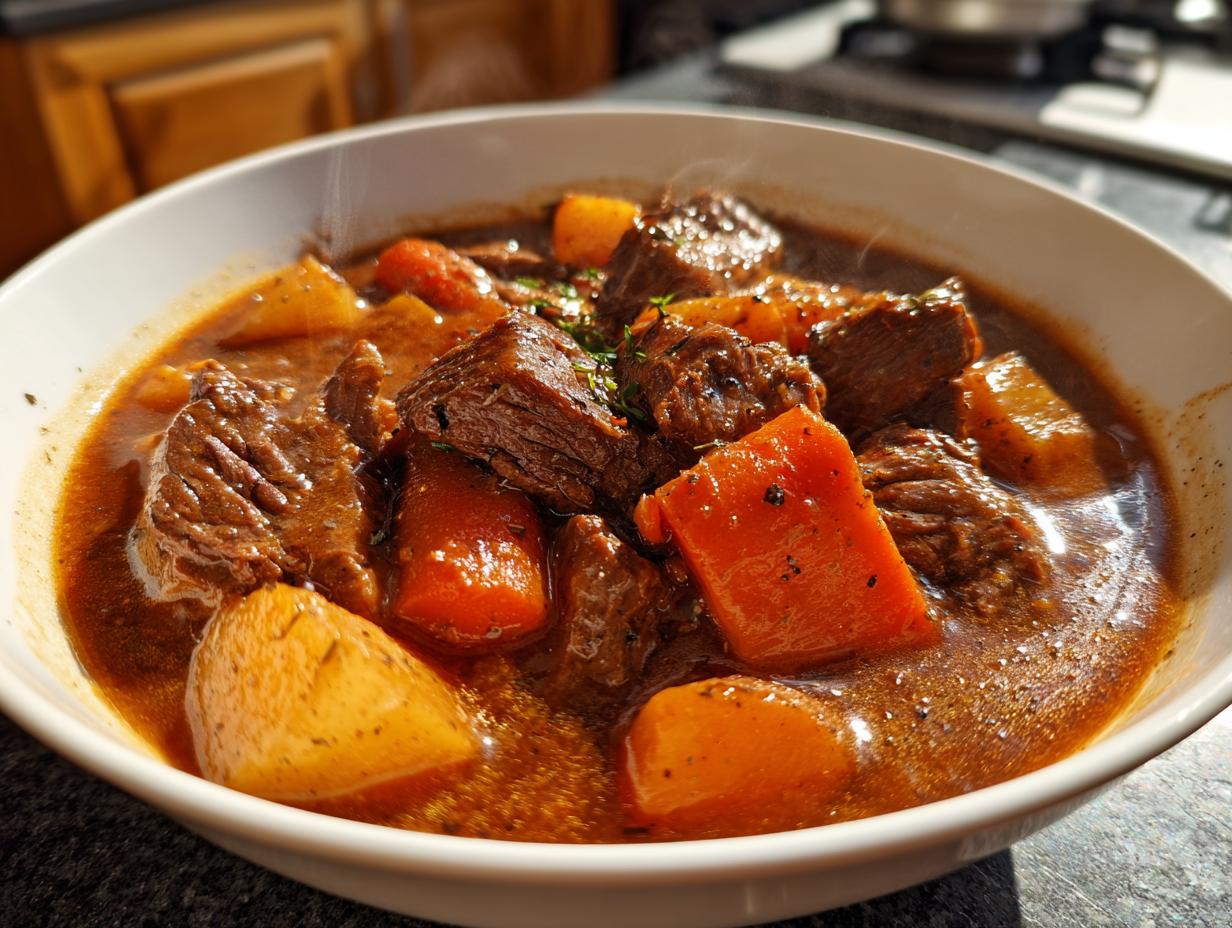 Close-up of a steaming white bowl filled with rich crockpot beef stew featuring tender beef chunks, carrots, and potatoes.