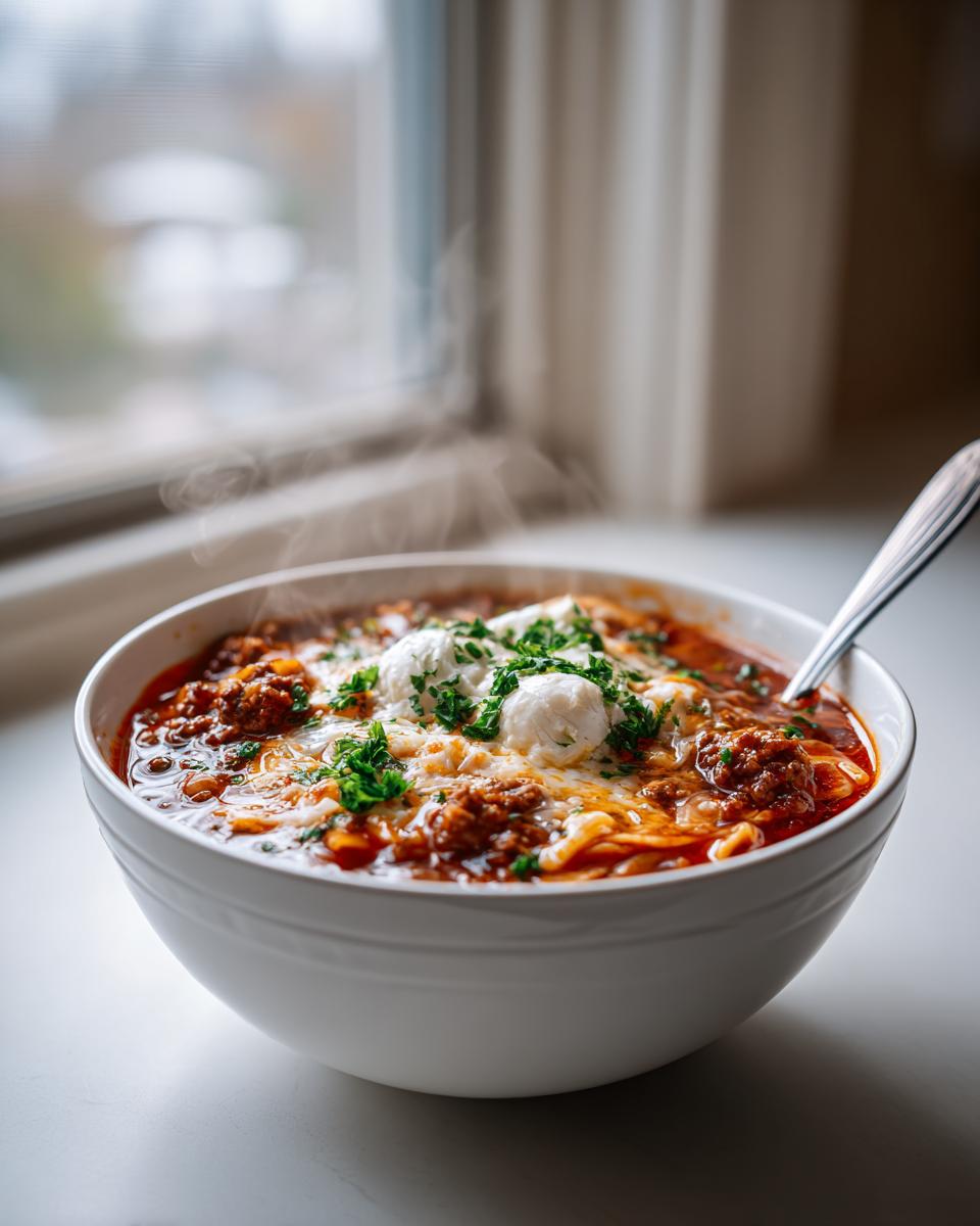 Close-up of a steaming white bowl filled with rich crockpot lasagna soup, topped with melted cheese, dollops of ricotta, and fresh parsley.