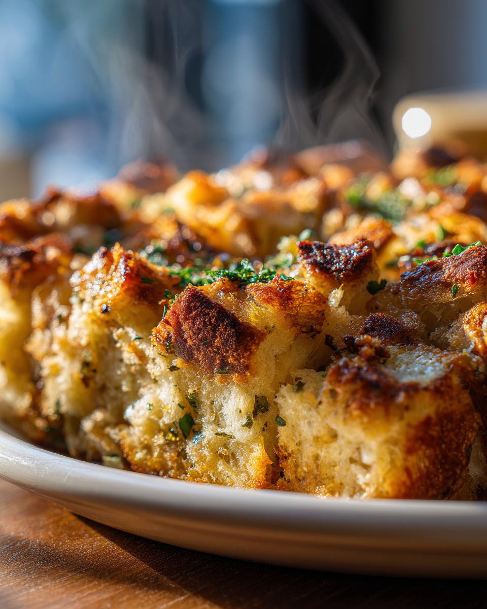 Close-up of freshly baked, steaming stuffing with golden-brown crust and chopped parsley.