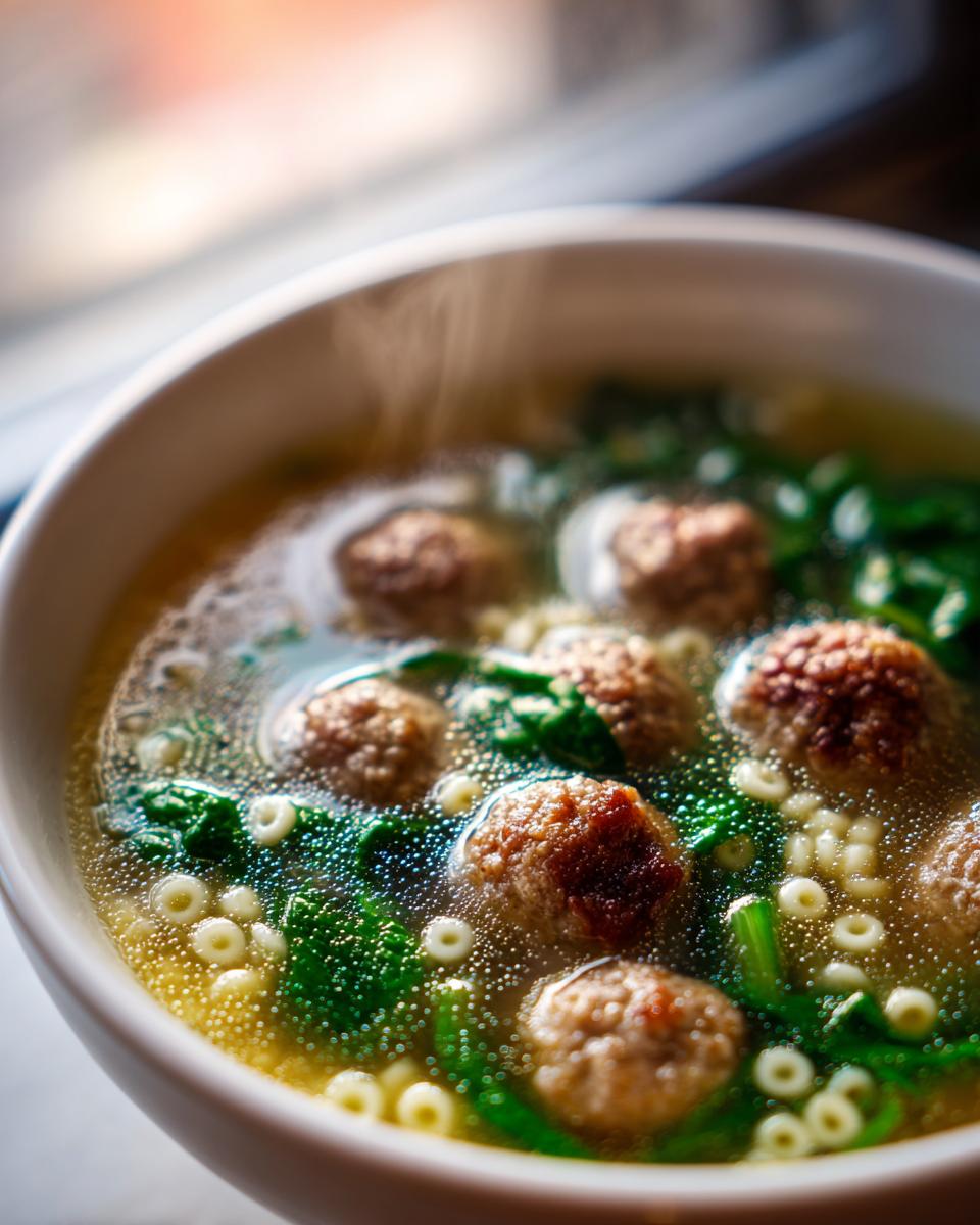 Close-up of a steaming white bowl filled with traditional wedding soup featuring small meatballs, acini di pepe pasta, and spinach in broth.
