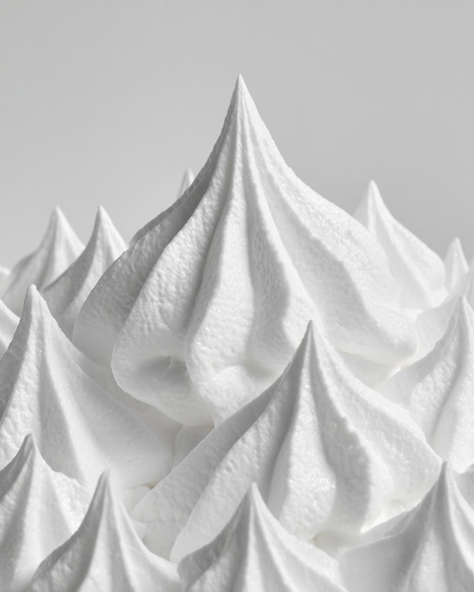 Extreme close-up of stiff, bright white peaks of royal icing, perfect for gingerbread house icing.