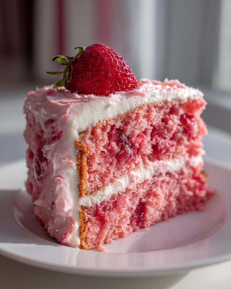A close-up of a moist slice of pink strawberry cake layered with white frosting and topped with a fresh strawberry.