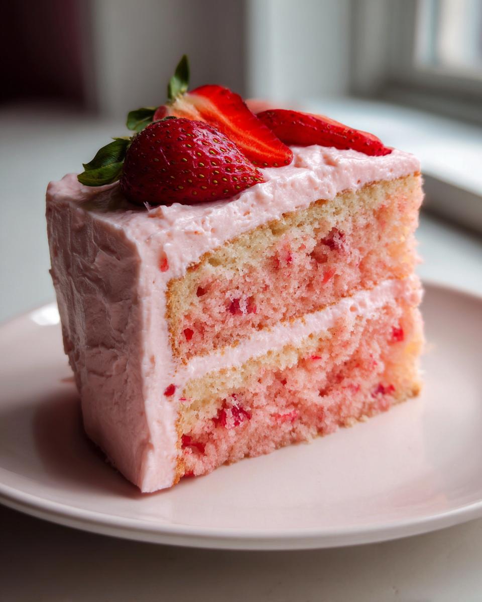 A tall slice of two-layer strawberry cake with pink frosting, topped with fresh strawberries.