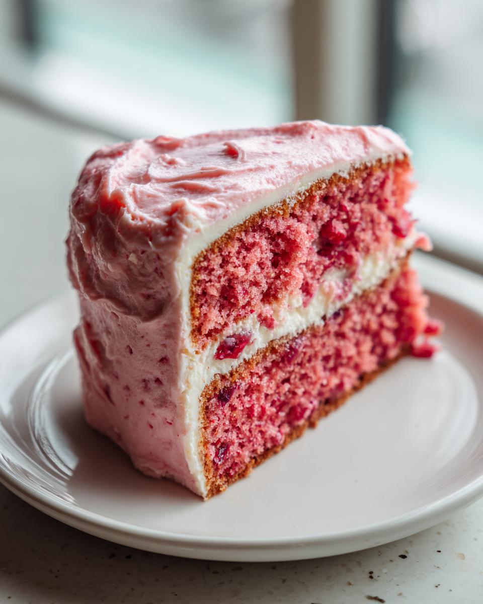 A close-up of a moist slice of pink strawberry cake with visible fruit pieces, layered with white filling and covered in pink strawberry frosting.
