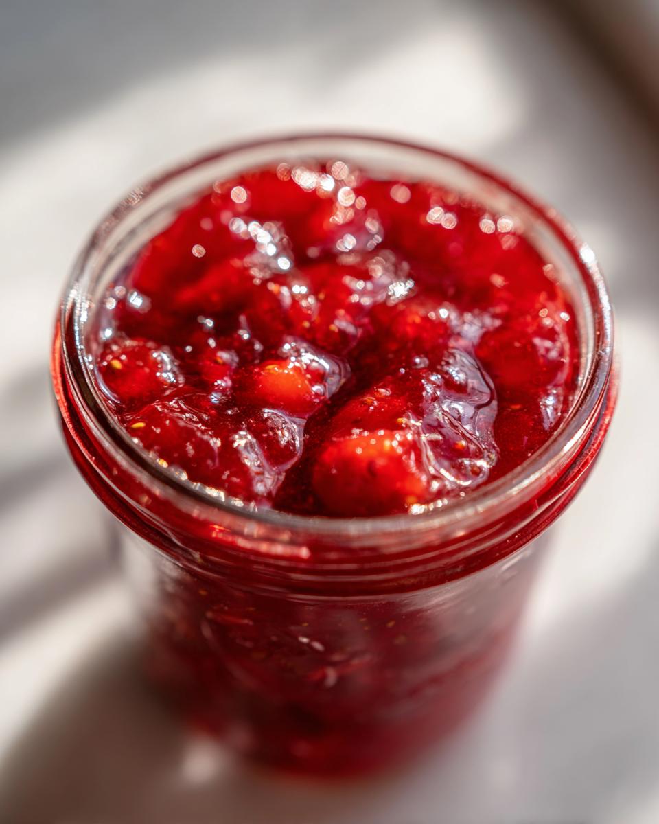 Close-up view of a glass jar filled with chunky, bright red strawberry freezer jam, glistening in the light.