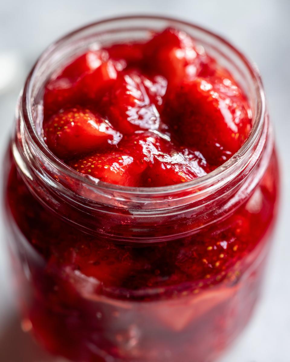 Close-up view of chunky strawberry freezer jam filling a clear glass jar, showcasing bright red fruit pieces.