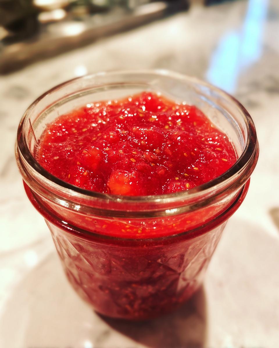 Close-up of bright red strawberry freezer jam filling a small, textured glass jar.