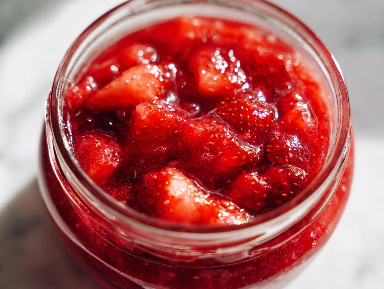 Close-up overhead view of chunky strawberry freezer jam filling a clear glass jar, showing bright red whole and sliced strawberries.