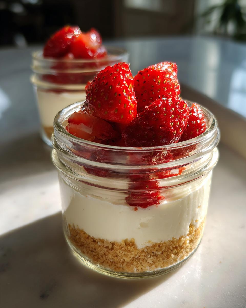 Close-up of a single-serving Protein Cheesecake in a jar with a graham cracker crust and fresh strawberries on top.