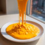 Thick, vibrant orange nacho cheese sauce being poured and stretching onto a white plate.