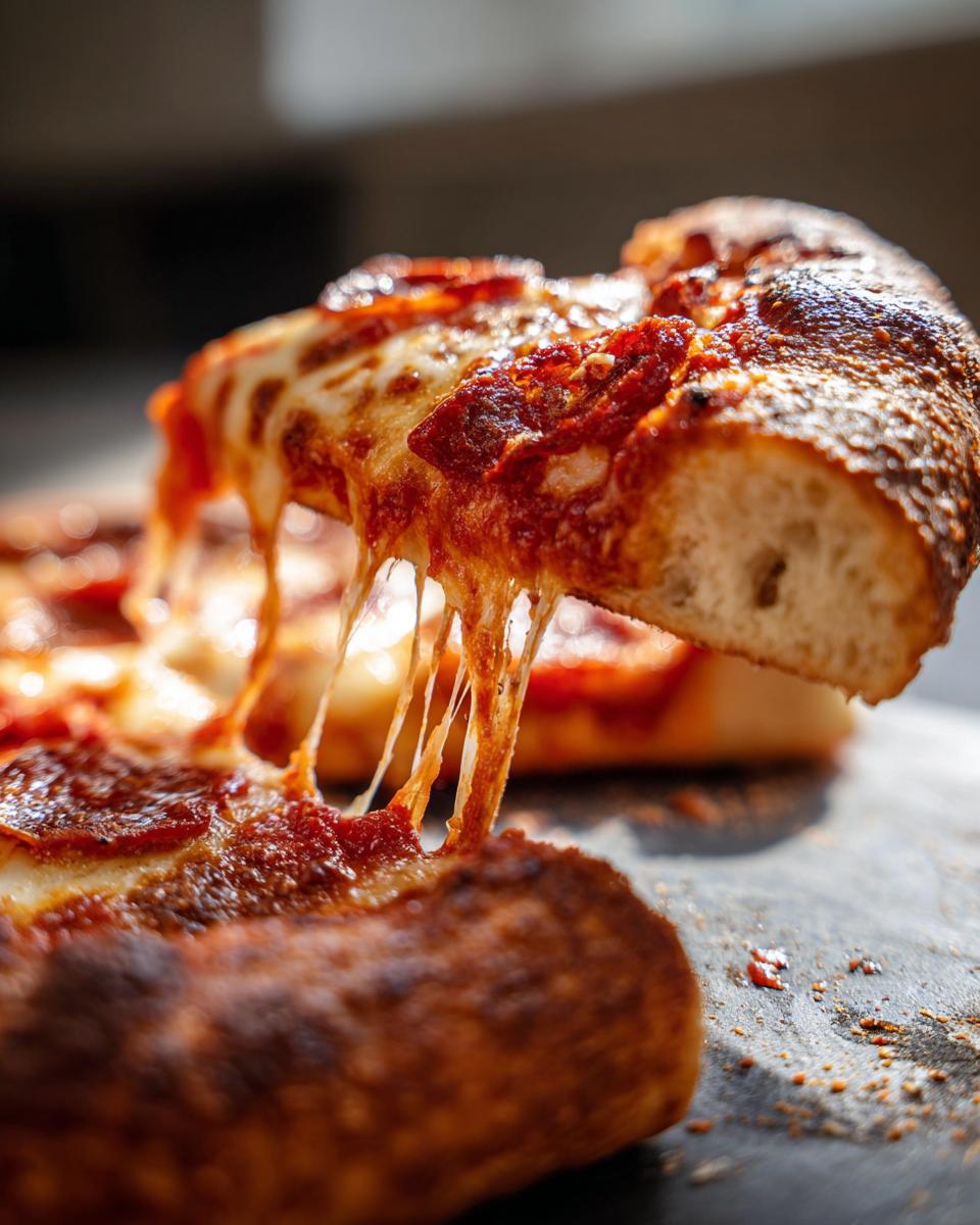 A slice of pepperoni homemade pizza being lifted, showing extreme cheese pull and bubbly crust.