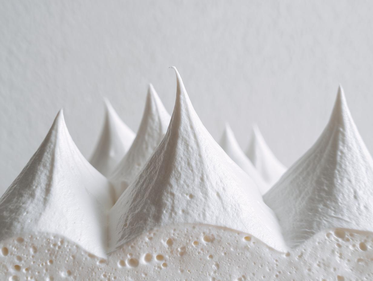 Close-up of stiff, white royal icing piped into sharp peaks, demonstrating strong gingerbread house icing texture.