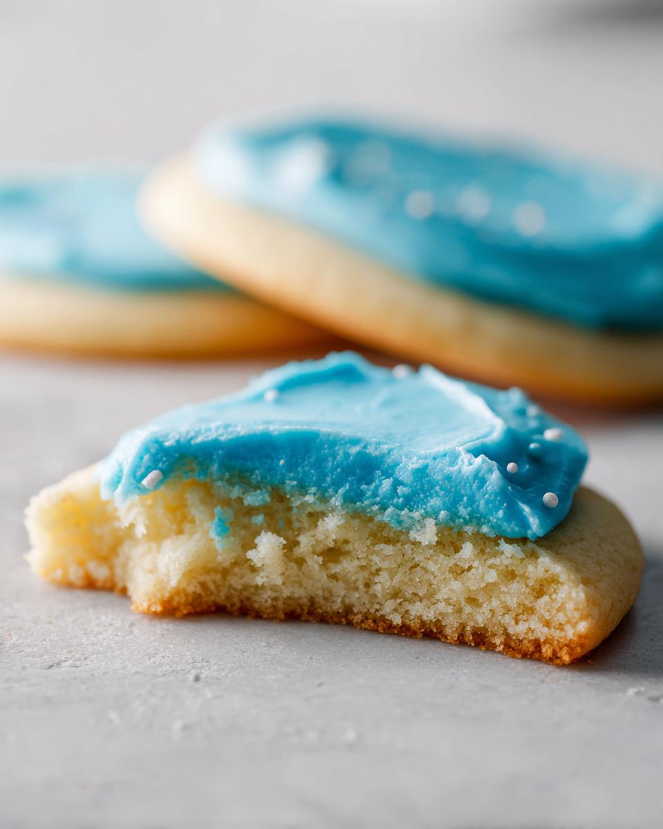 Close-up of a sugar cookie with a bite taken out, topped with vibrant blue cookie icing recipe frosting and white sprinkles.