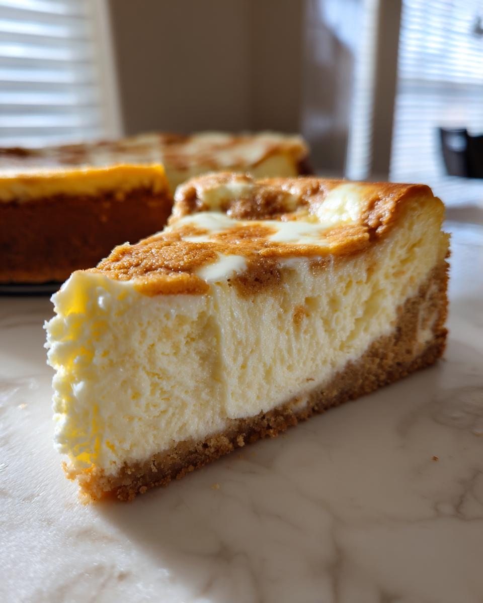 Close-up of a creamy slice of sugar cookie cheesecake with a graham cracker crust.