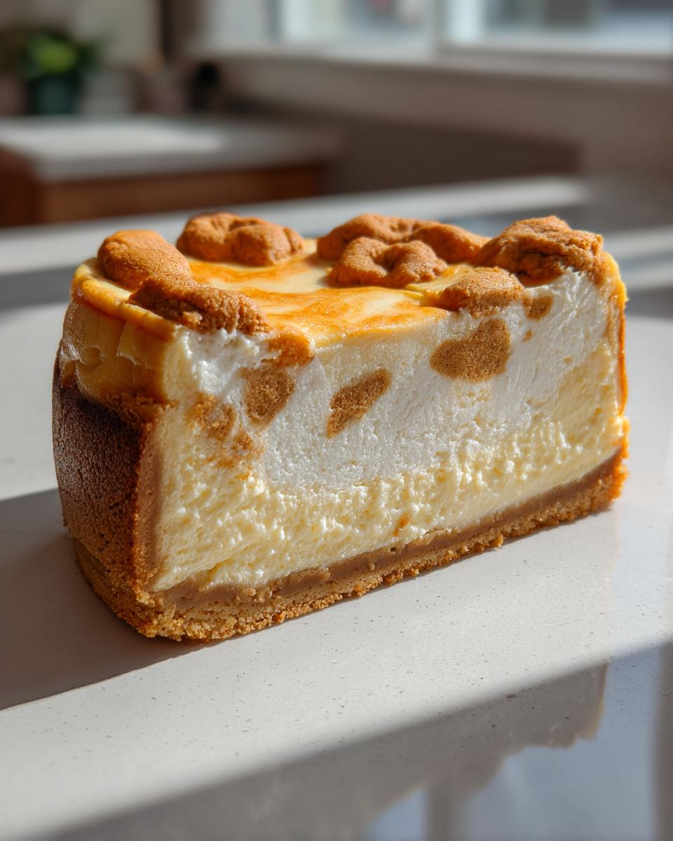 A thick slice of sugar cookie cheesecake showing a graham cracker crust and creamy filling with cookie pieces.