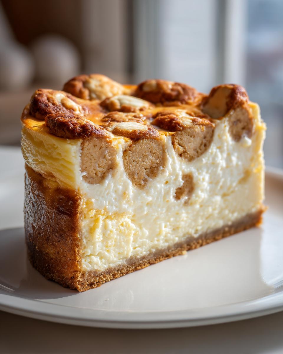 Close-up of a rich slice of sugar cookie cheesecake showing a creamy filling and baked sugar cookie pieces.