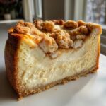 A close-up slice of creamy sugar cookie cheesecake topped with golden brown cookie crumbles.