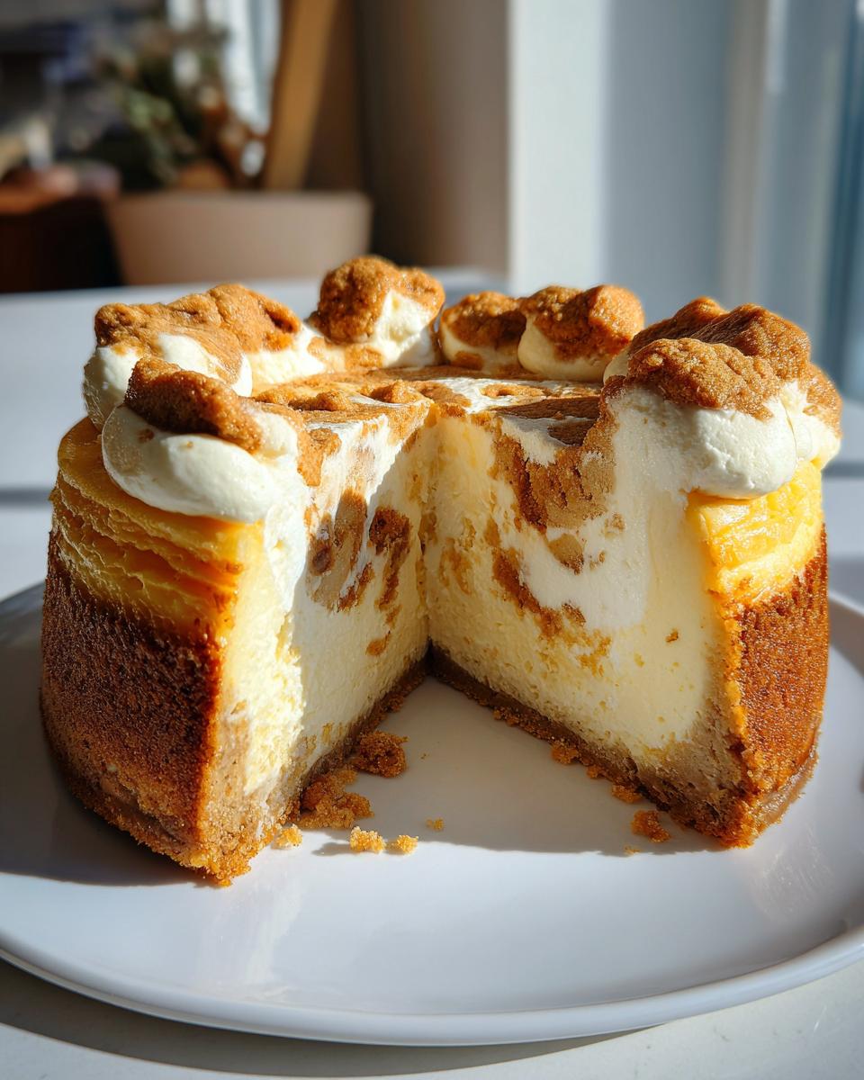 A whole sugar cookie cheesecake with a slice removed, showing the creamy filling and cookie pieces.