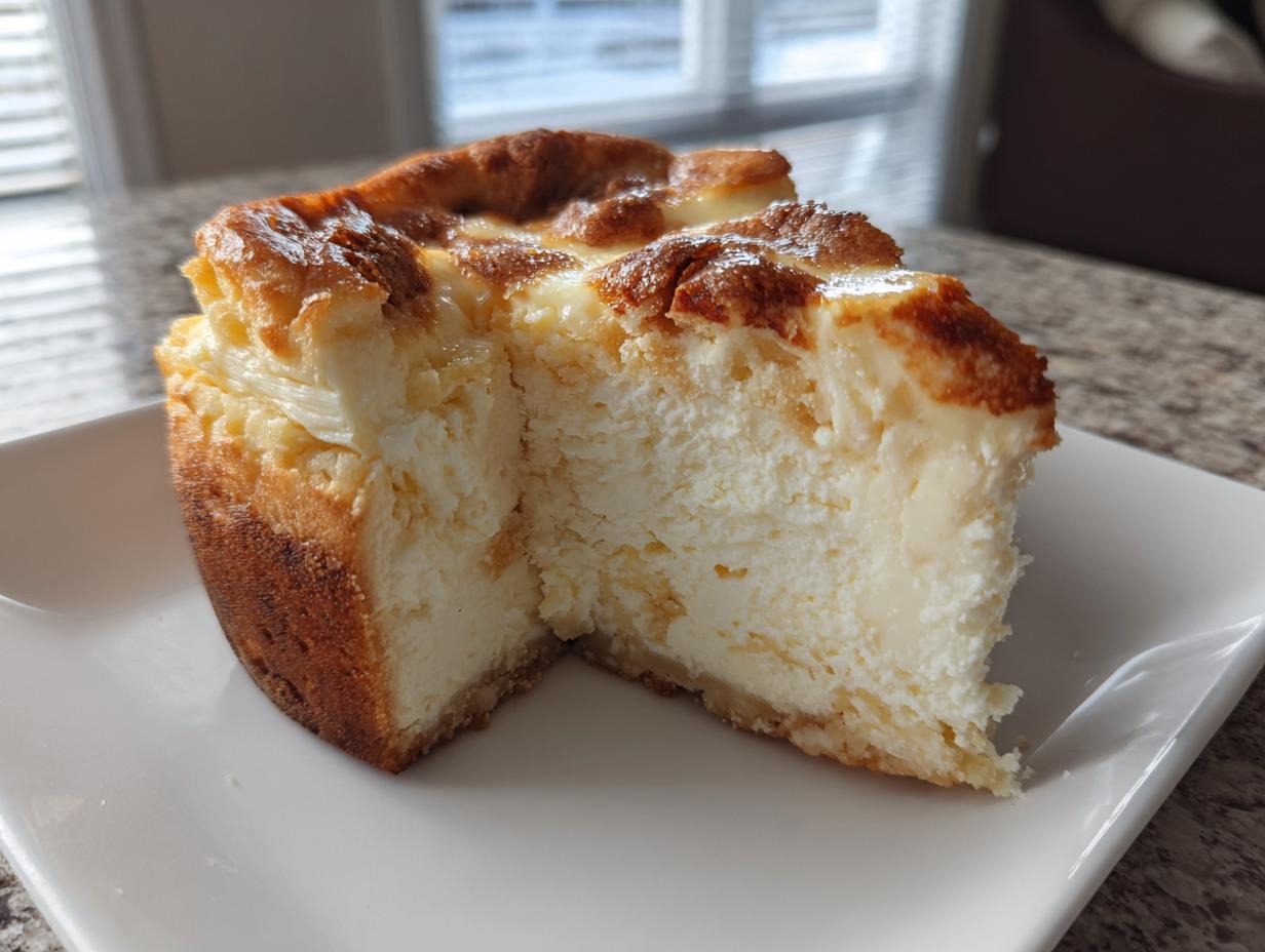 A close-up of a thick slice of sugar cookie cheesecake with a creamy interior and golden-brown top.