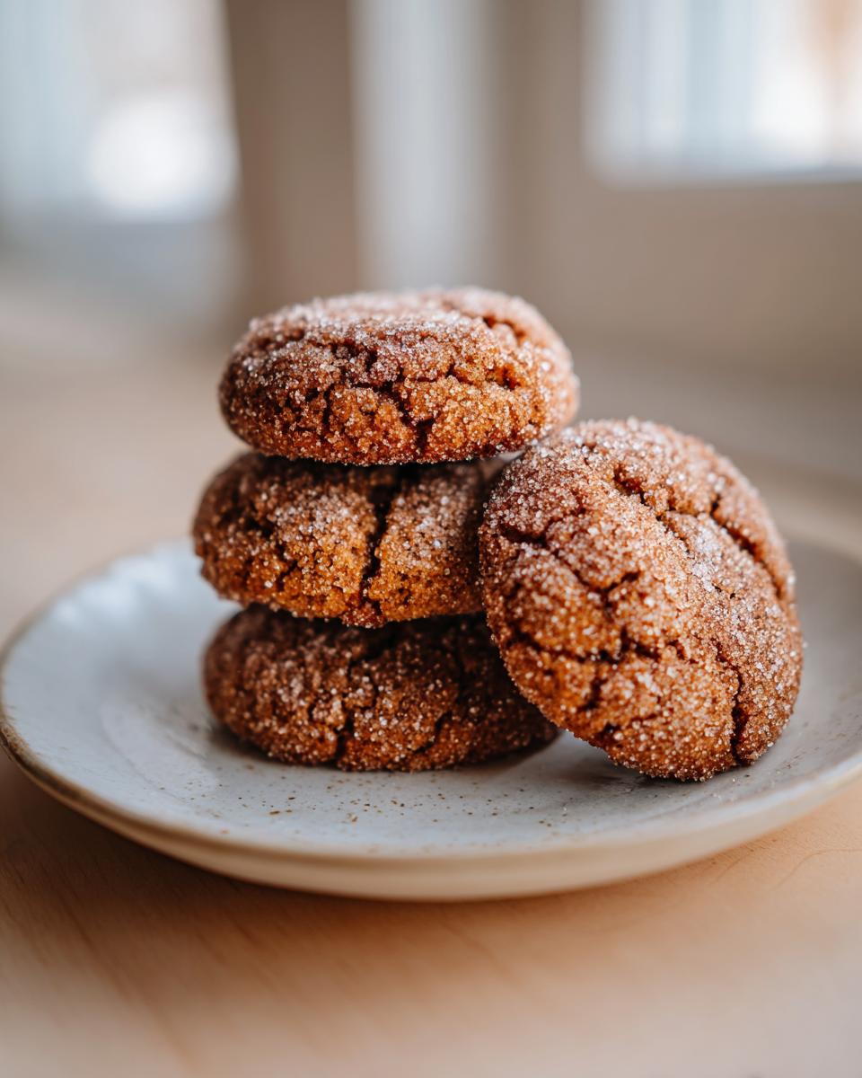 A stack of four soft, crinkled persimmon cookies generously coated in granulated sugar.