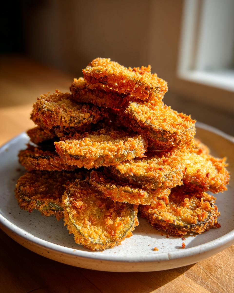 A tall stack of golden brown, super crispy Fried Pickles piled high on a light-colored plate.