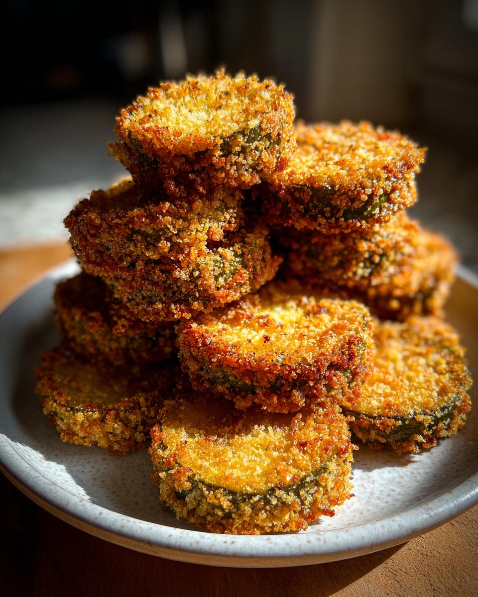 A tall stack of golden brown, super crispy fried pickles slices piled high on a speckled white plate.