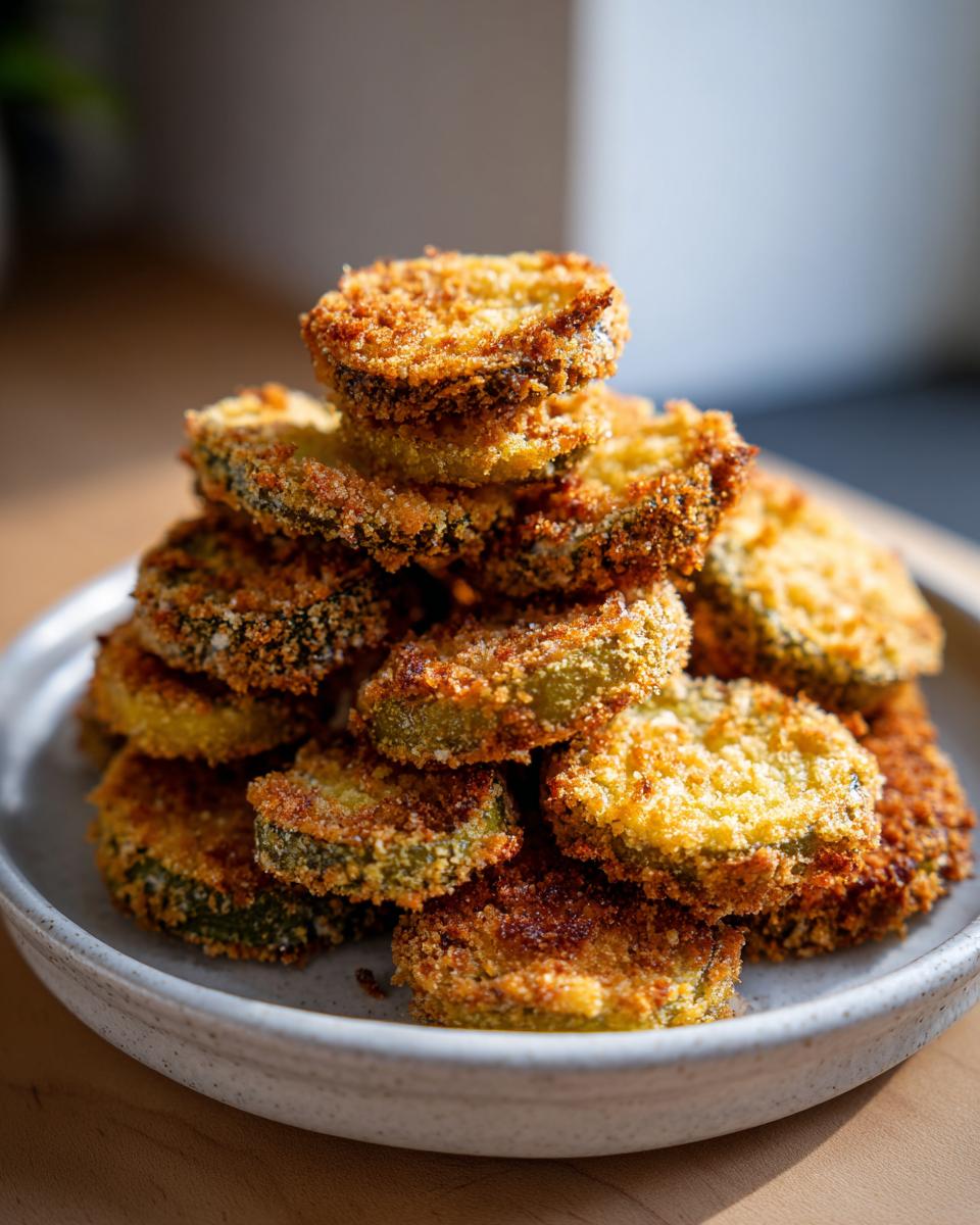 A tall stack of golden brown, crispy Fried Pickles piled high on a speckled white plate.