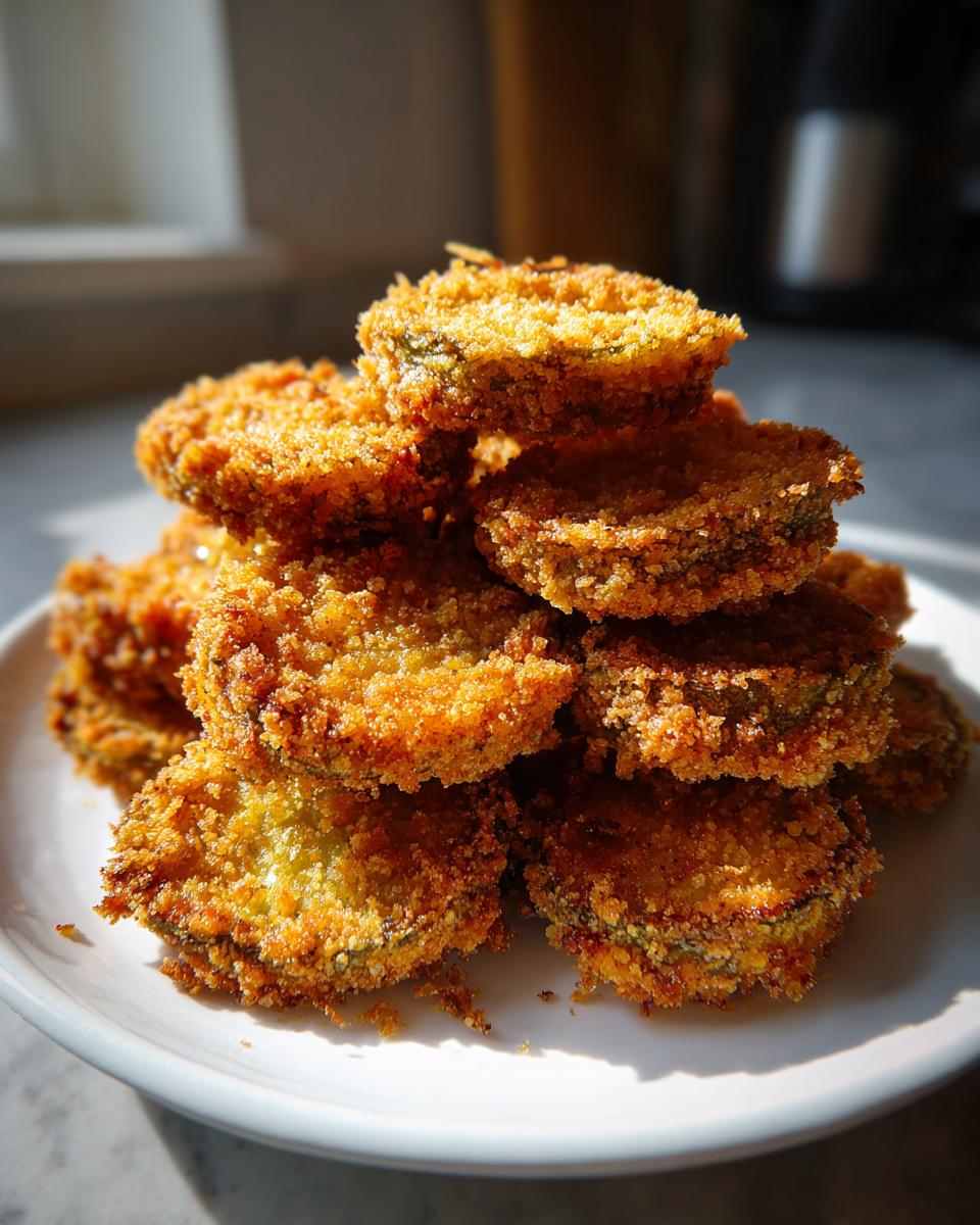 A tall stack of golden brown, super crispy fried pickles piled high on a white plate, catching bright sunlight.