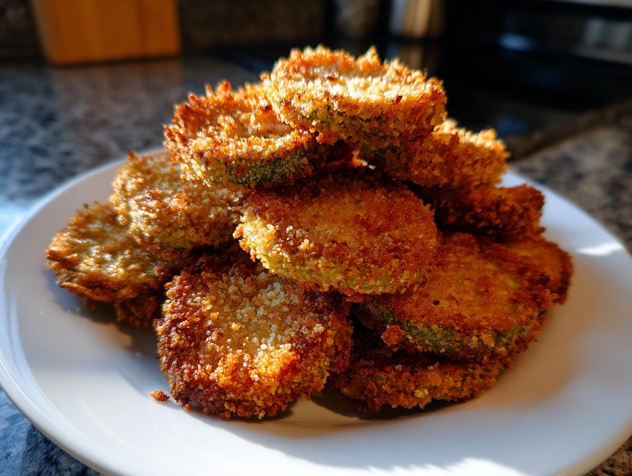 A close-up stack of golden brown, crispy Fried Pickles piled high on a white plate, catching the sunlight.