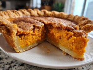 Close-up of a sweet potato cobbler with a slice removed, showing the thick, orange filling and flaky crust.
