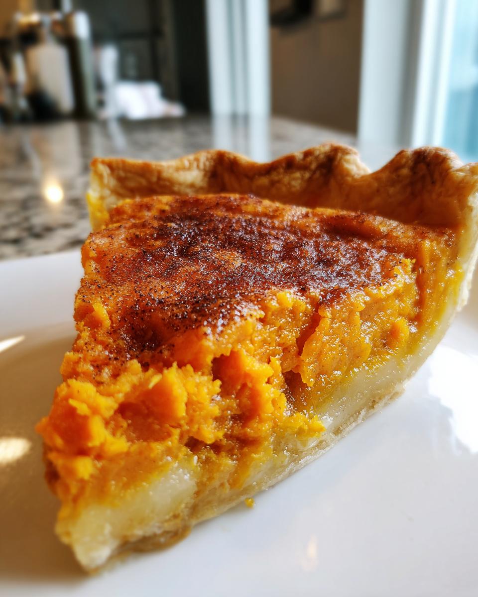 Close-up of a generous slice of sweet potato cobbler showing the bright orange filling and cinnamon topping.
