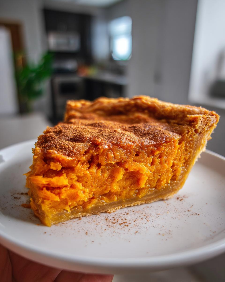 Close-up of a thick slice of sweet potato cobbler with a flaky crust, topped with cinnamon.