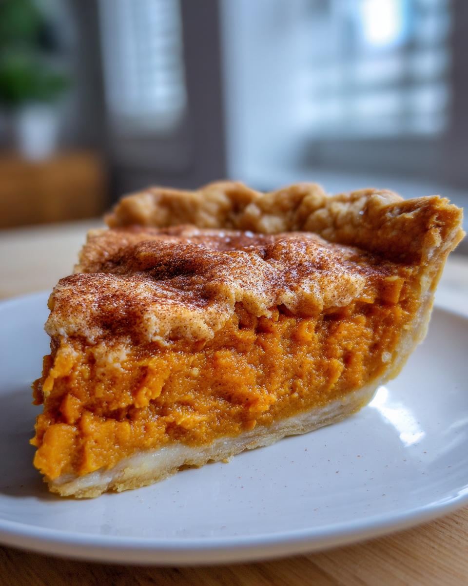 Close-up of a thick slice of sweet potato cobbler showing the bright orange filling and cinnamon-dusted crust.