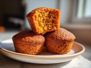 Three golden brown sweet potato muffins stacked on a plate, one cut in half showing the moist interior texture.