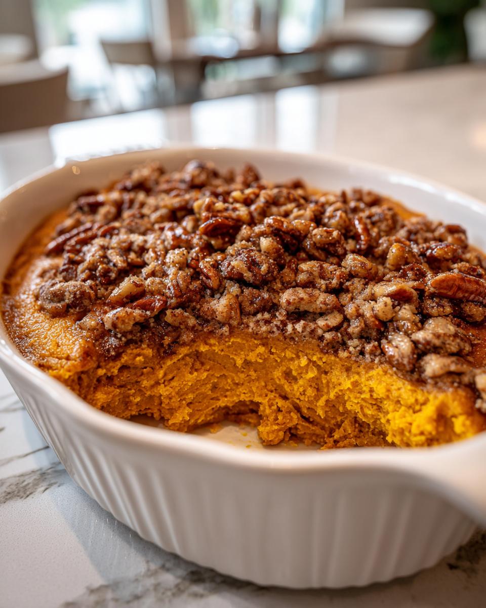 A close-up of a vibrant orange sweet potato souffle in a white baking dish, topped generously with a crunchy pecan streusel.