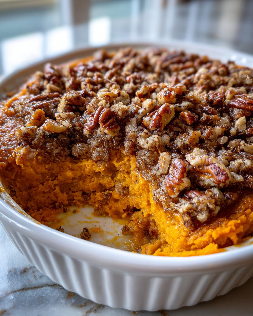 A scoop has been taken out of a rich, orange sweet potato souffle topped with a crunchy pecan and brown sugar crumble.
