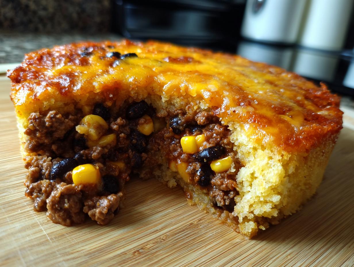 A slice removed from a golden tamale pie showing the savory ground beef, black bean, and corn filling under a cheesy cornbread top.