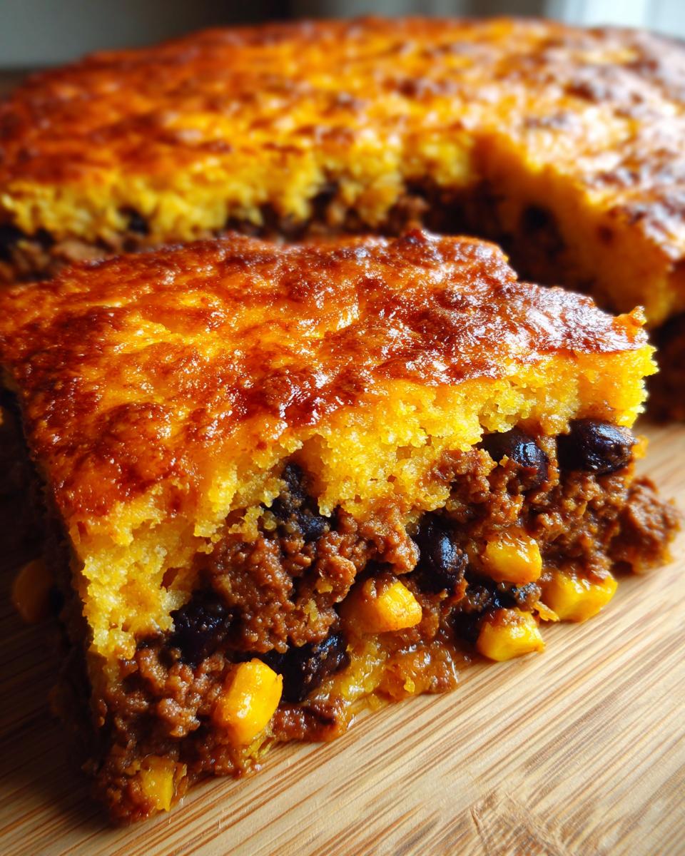 A thick slice of amazing tamale pie showing a rich, seasoned meat and bean filling topped with a golden, baked cornbread crust.